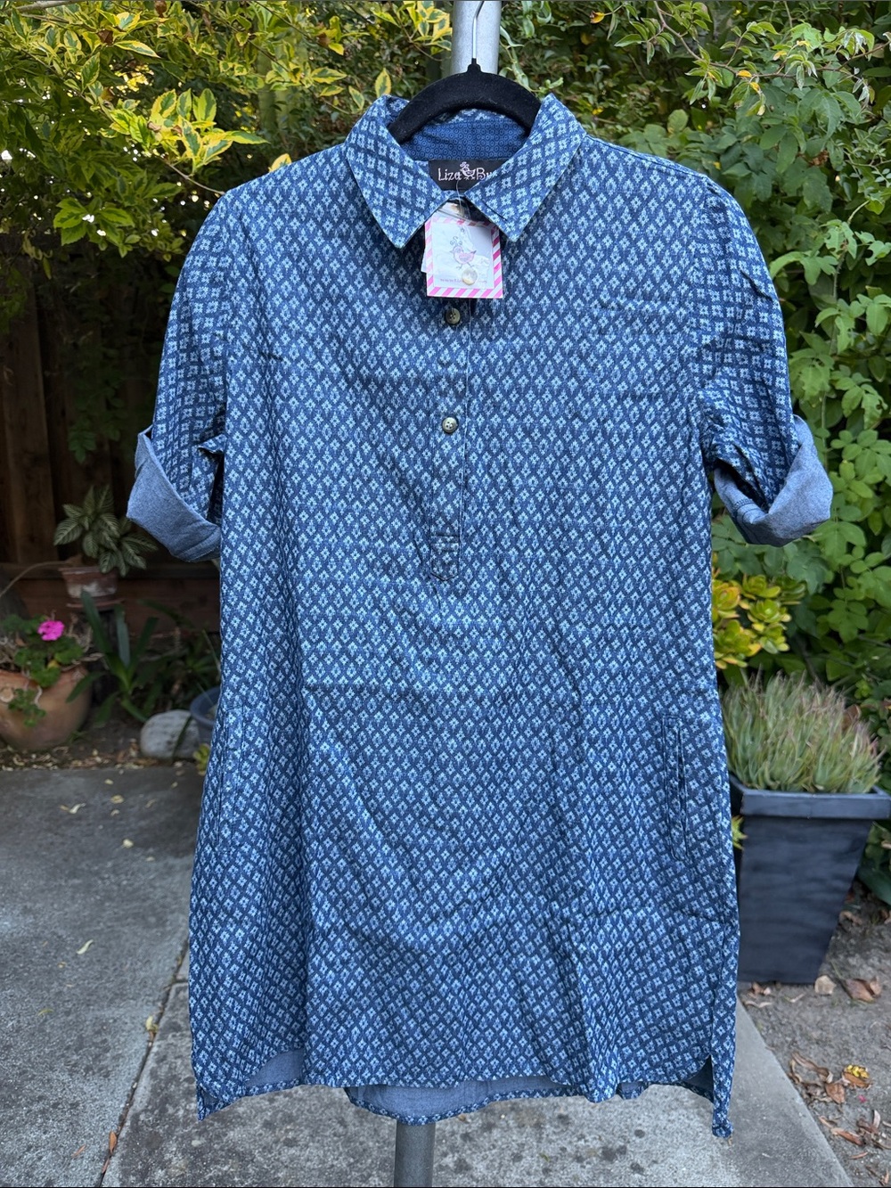 Liza Byrd Super Soft Denim Diamond-Print Button Front Mini Shirt Dress